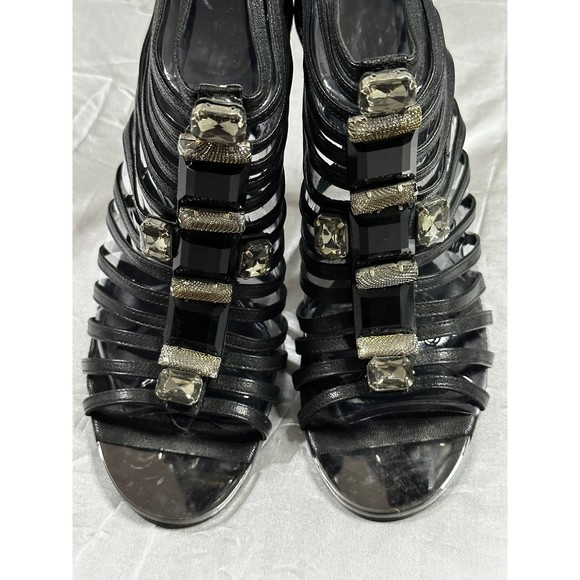 TORY BURCH Black Leather Jewel Bling Caged Gladiator Strappy Stiletto Heels - Picture 6 of 12
